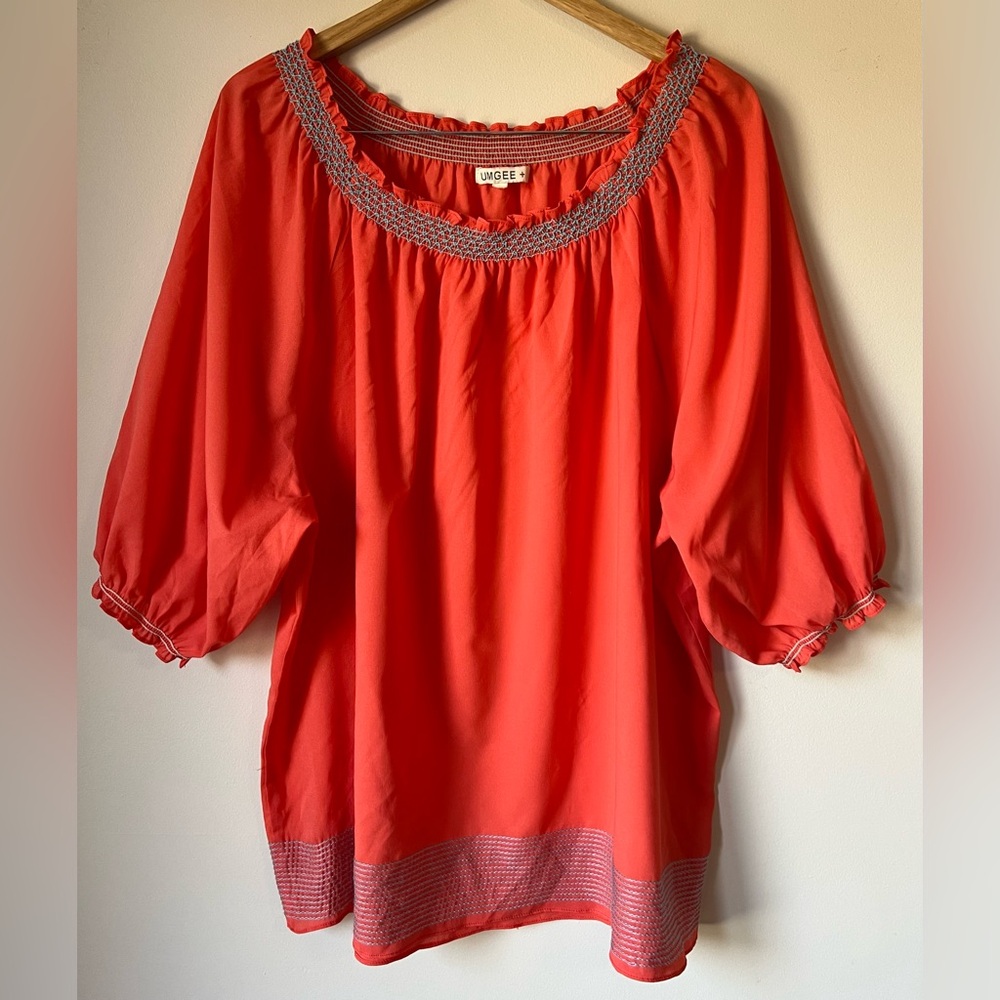Umgee Coral Red Peasant Blouse with Crochet Trim